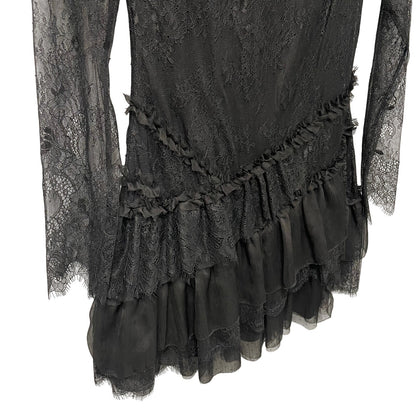 NWT LoveShackFancy Amberleigh Black Ruffle Lace Mini Dress Womens Size 2
