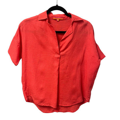 Vilagallo 100% Linen Split Neck Short Sleeve Popover Top Coral Red 36 / US 4
