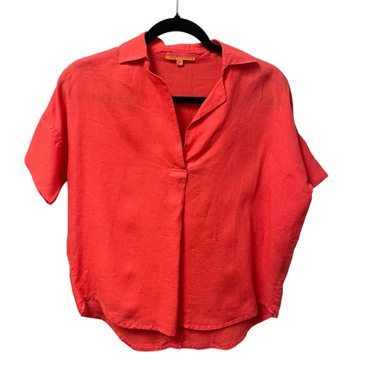 Vilagallo 100% Linen Split Neck Short Sleeve Popover Top Coral Red 36 / US 4