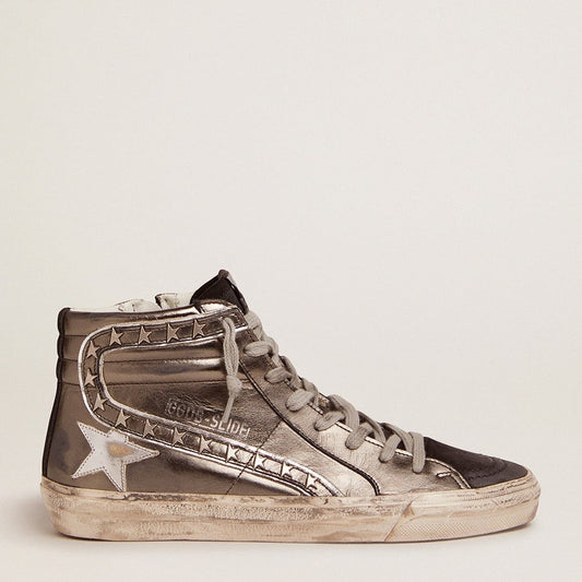 Golden Goose Womens Slide with Silver Laminated Leather Upper and Studs 39 / 9