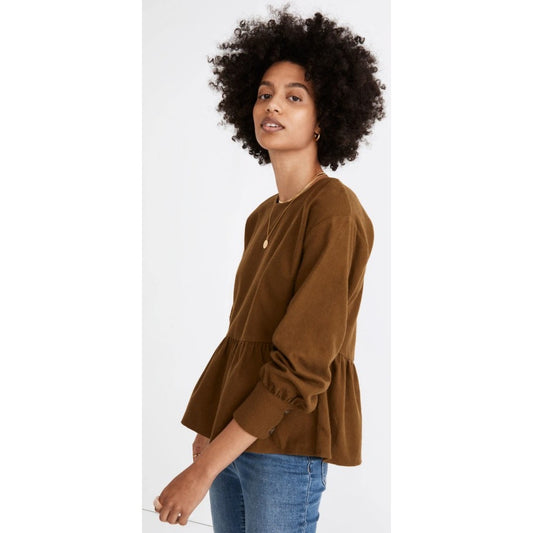 NWT Madewell Flannel Button Back Peplum Top in Weathered Olive Womens XS