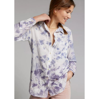 Pilcro Blue White Tie Dye Embroidered Cate Classic Button Down Top Womens XS