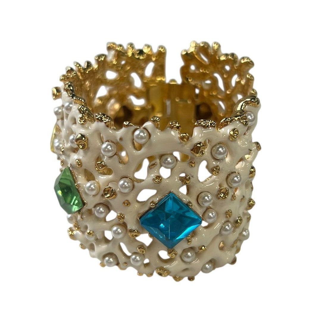 KJL by Kenneth Jay Lane Coral Enamel Pearl & Gem Embellished Cuff Bracelet