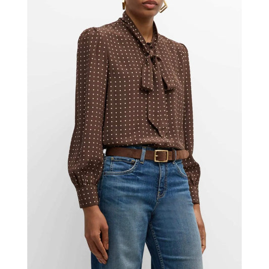 Nili Lotan Brown Cream Carina Polka-Dot 100% Silk Top with Tie Neck Womens XS