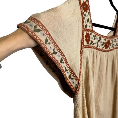 Madewell Tan Pink Floral Embroidered Short Sleeve Square Neck Top Womens Medium