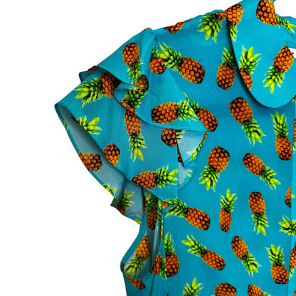 Alice + Olivia Blue Pineapple Print Flutter Sleeve Button Front Top Size Medium