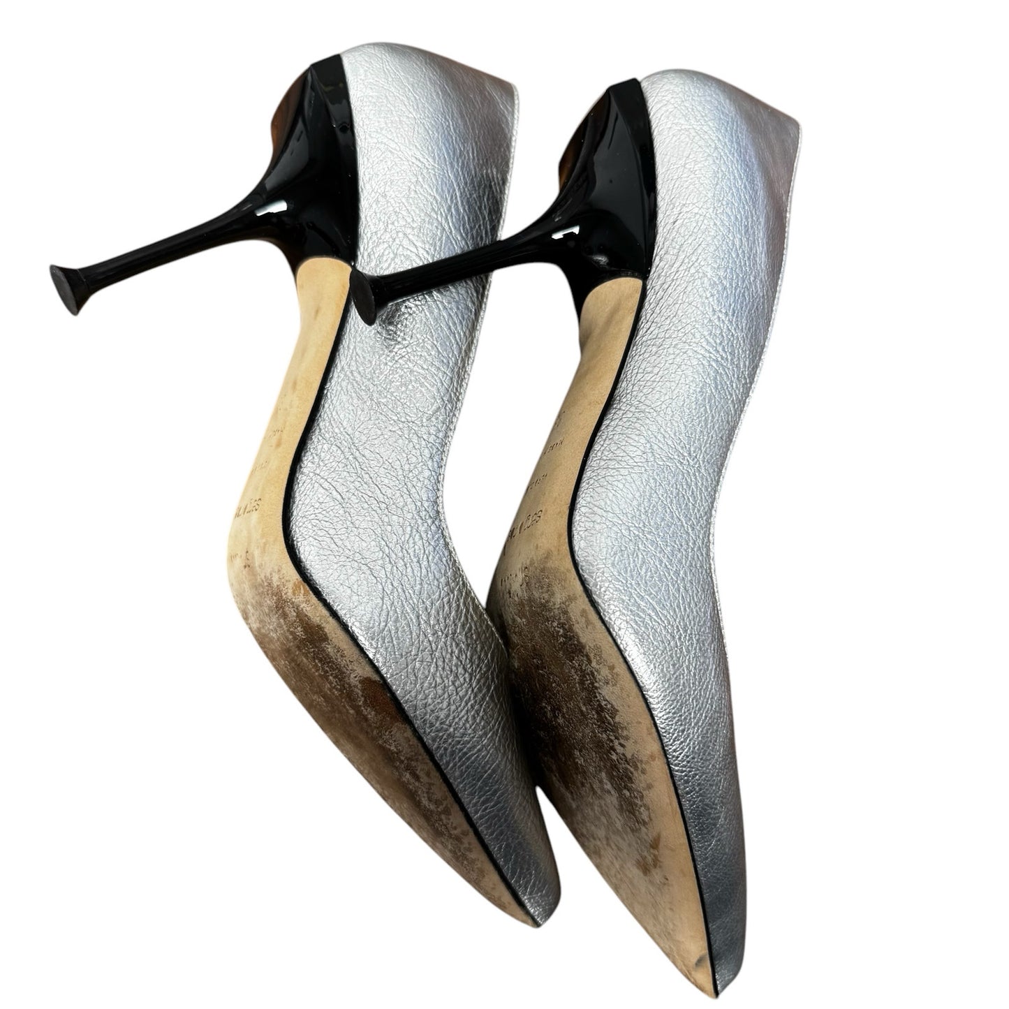 Sergio Rossi Silver Metallic Patent Leather Pointed Toe Pumps Womens 6