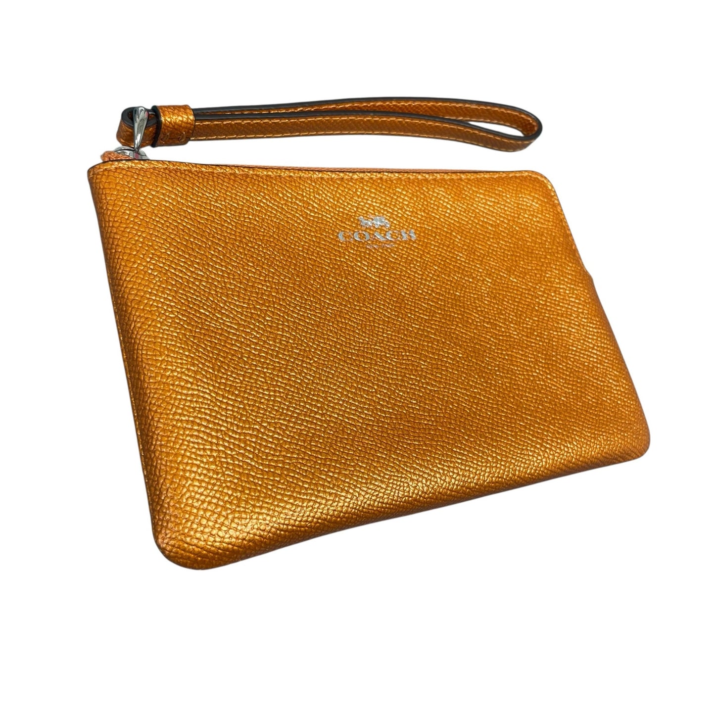 Coach Metallic Orange Leather Zip Up Wristlet Pouch Wallet