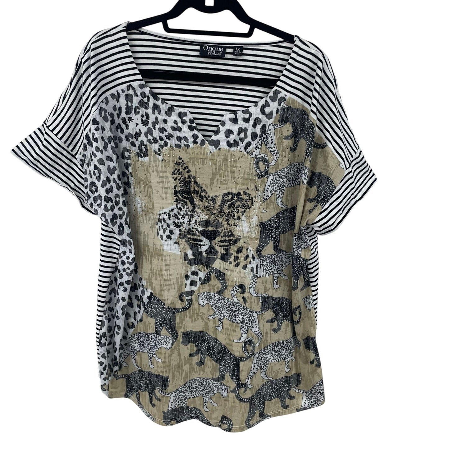 Onque Casual Short Sleeve Striped Cheetah Cat Print Top Womens Plus Size 1X