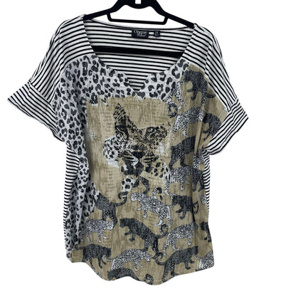 Onque Casual Short Sleeve Striped Cheetah Cat Print Top Womens Plus Size 1X