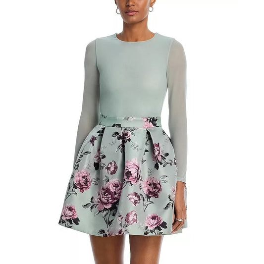 NWT Alice + Olivia Sage Floral Long Sleeve Chara Pleated Mini Dress Womens 2