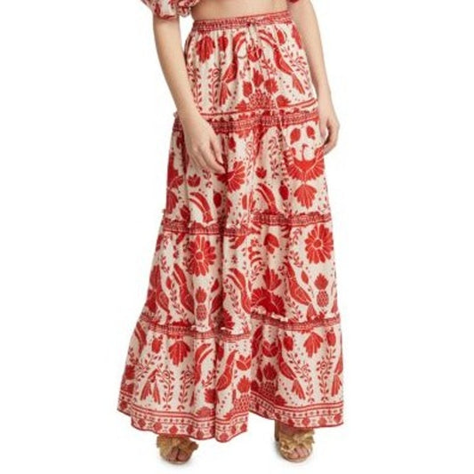 NWT Farm Rio Red White Jungle Flow Tiered Cotton Maxi Skirt Womens Small