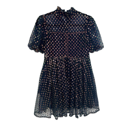 NWT Queen of Sparkles Navy Sequin Flower Short Sleeve Mini Dress Womens Small