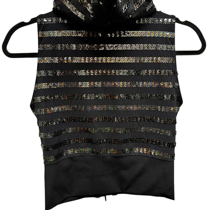 NWT Chanel Black Sequin Embellished Sleeveless Hooded Zip Up Vest Womens 6