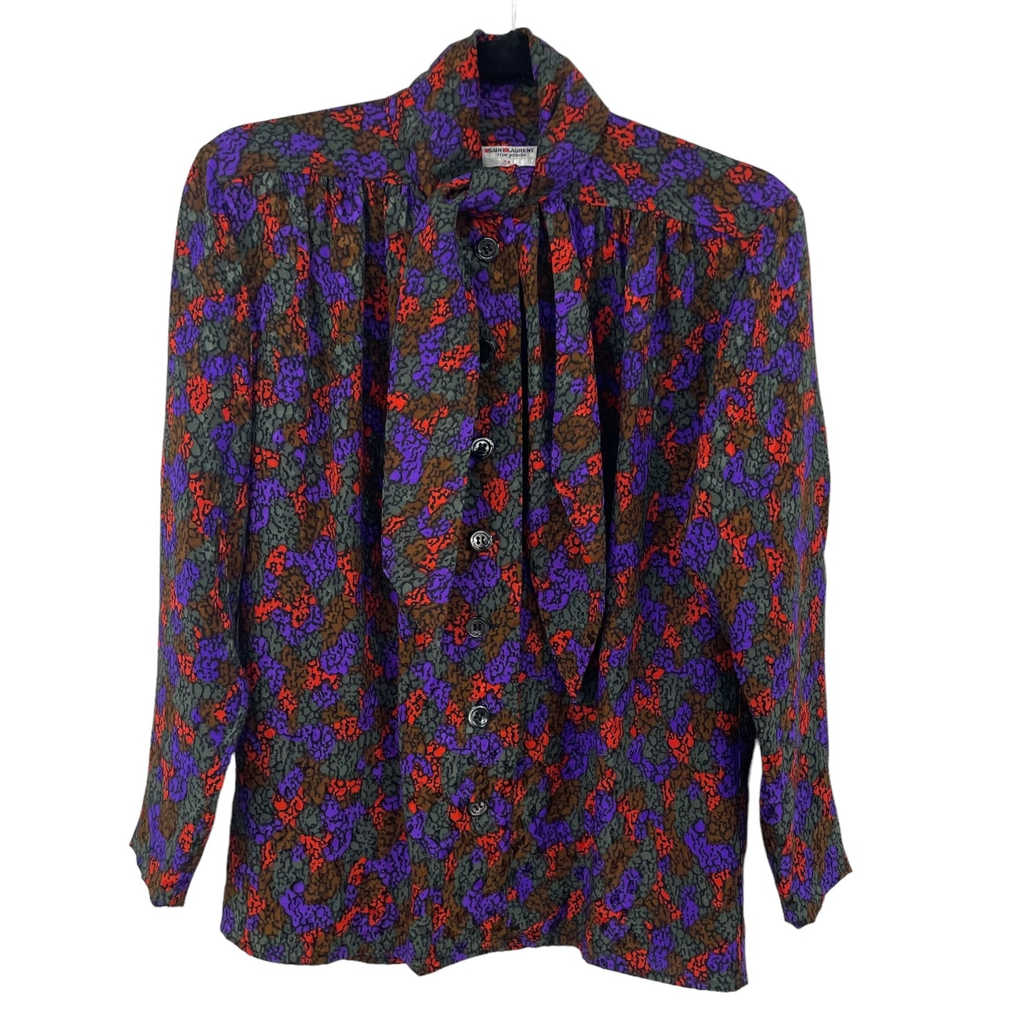 Vintage Saint Laurent Rive Gauche Colorful Silk Tie Neck Button Down Blouse US 4