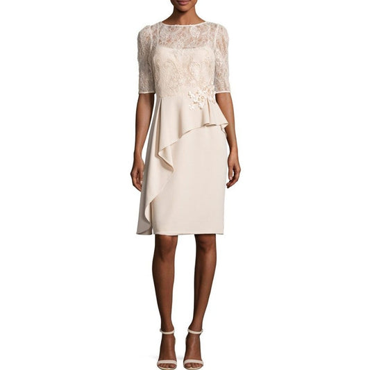 NWT Teri Jon Champagne Floral Lace Short Sleeve Round Neck Sheath Dress Women 18