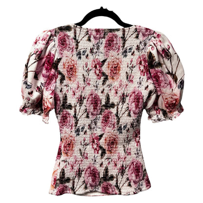 Ivy City Co White Pink Rose Print Puff Sleeve Square Neck Top Womens X-Small