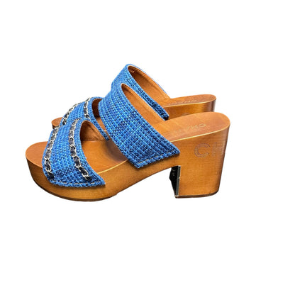 Chanel Chain Platform Slide Sandals Tweed Wood Heel Blue Brown Womens 40 / US 9