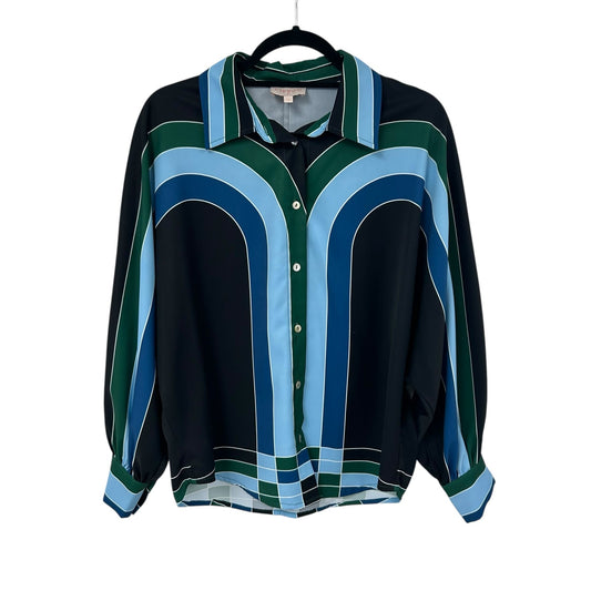 Ciebon Blue Black Green Colorblock Long Sleeve Button Up Shirt Womens Small