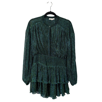 NWT Olivaceous Green Balloon Sleeve Button Up Layered Mini Dress Womens Large