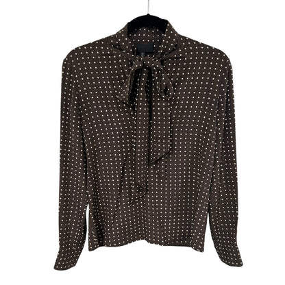 Nili Lotan Brown Cream Carina Polka-Dot 100% Silk Top with Tie Neck Womens XS