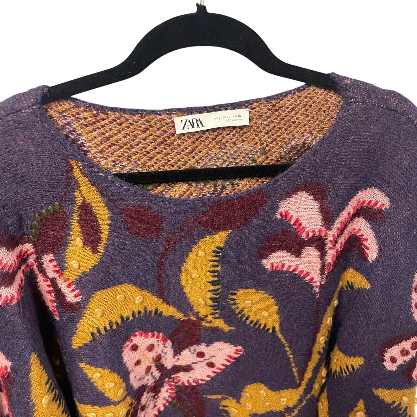 Zara Floral Embroidered Wool Blend Knit Flare Sleeve Jumper Sweater Womens Large