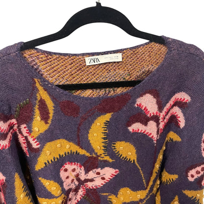 Zara Floral Embroidered Wool Blend Knit Flare Sleeve Jumper Sweater Womens Large