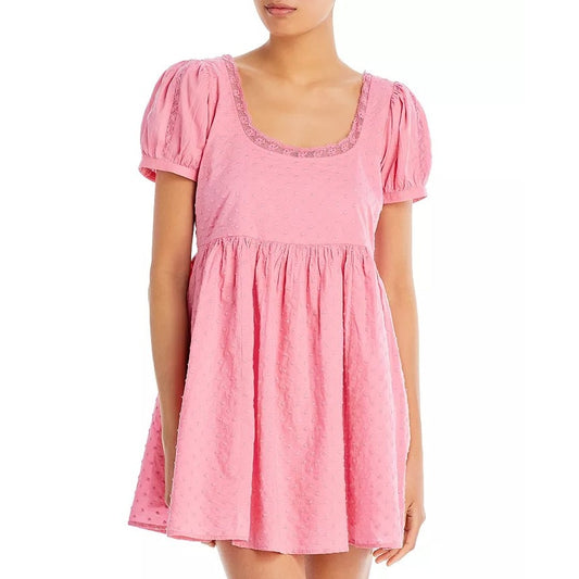 LoveShackFancy Pink Puff Sleeve Square Neck Raleigh Cotton Mini Dress Womens 2