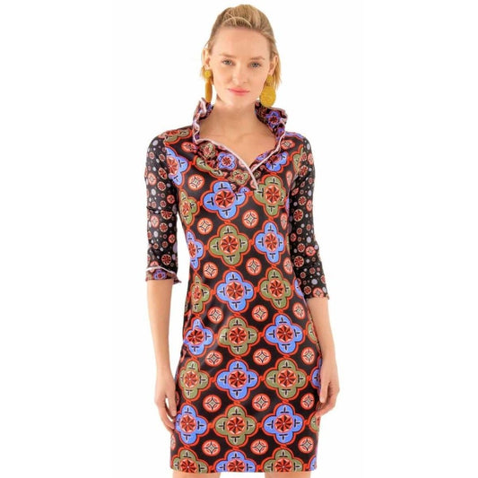 Gretchen Scott Jersey Ruffneck Dress Sundial Black Multicolor Womens Large