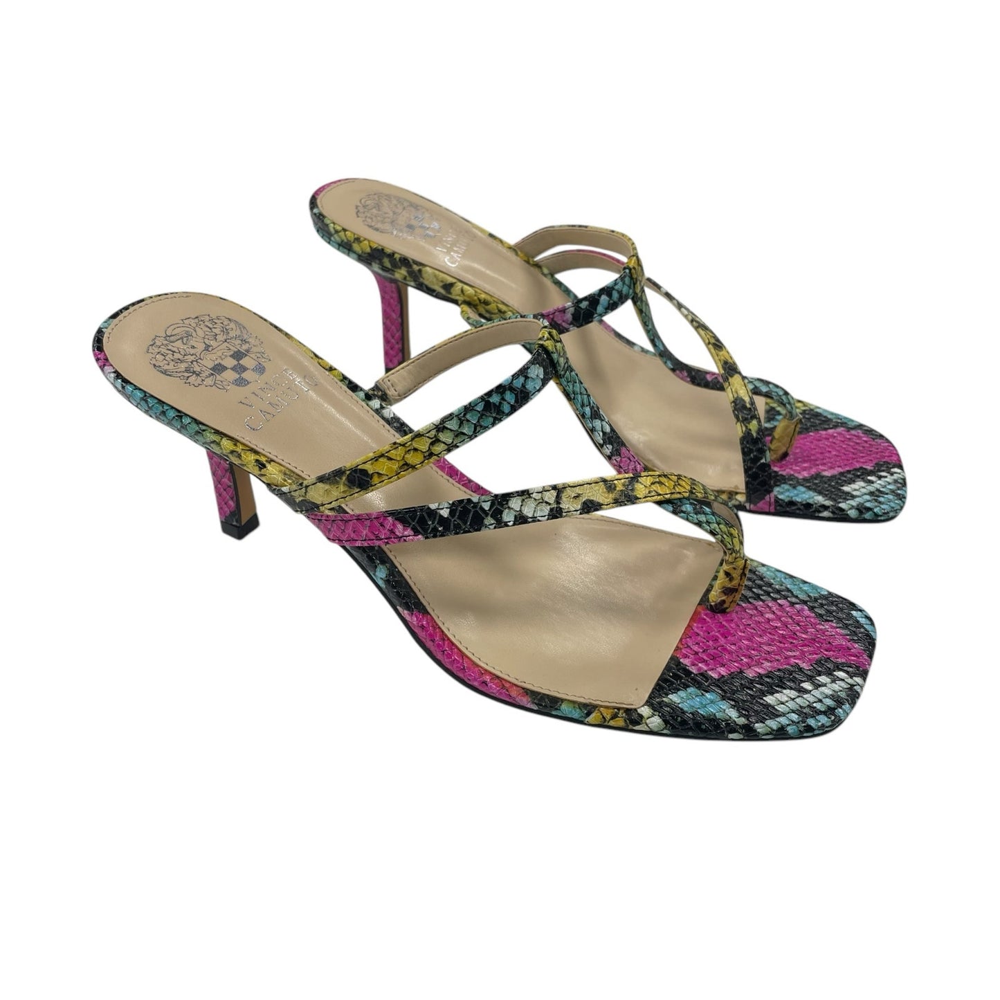 Vince Camuto Soraja Multicolor Square Toe Snakeskin Heeled Strappy Sandal Size 9