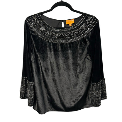 Oliphant Black Beaded Sequin Embellished Velvet Long Sleeve Top Womens Medium