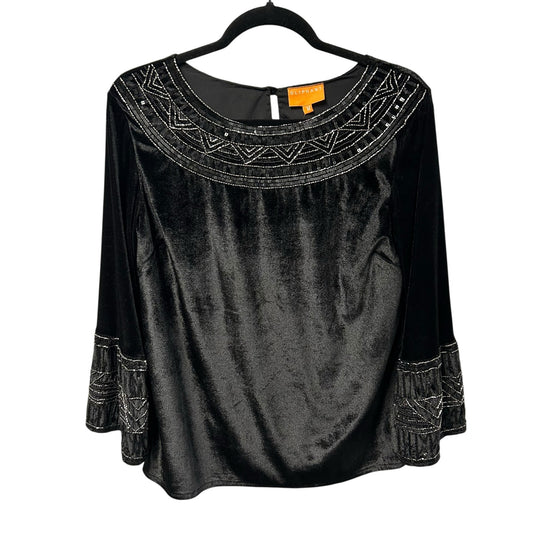 Oliphant Black Beaded Sequin Embellished Velvet Long Sleeve Top Womens Medium