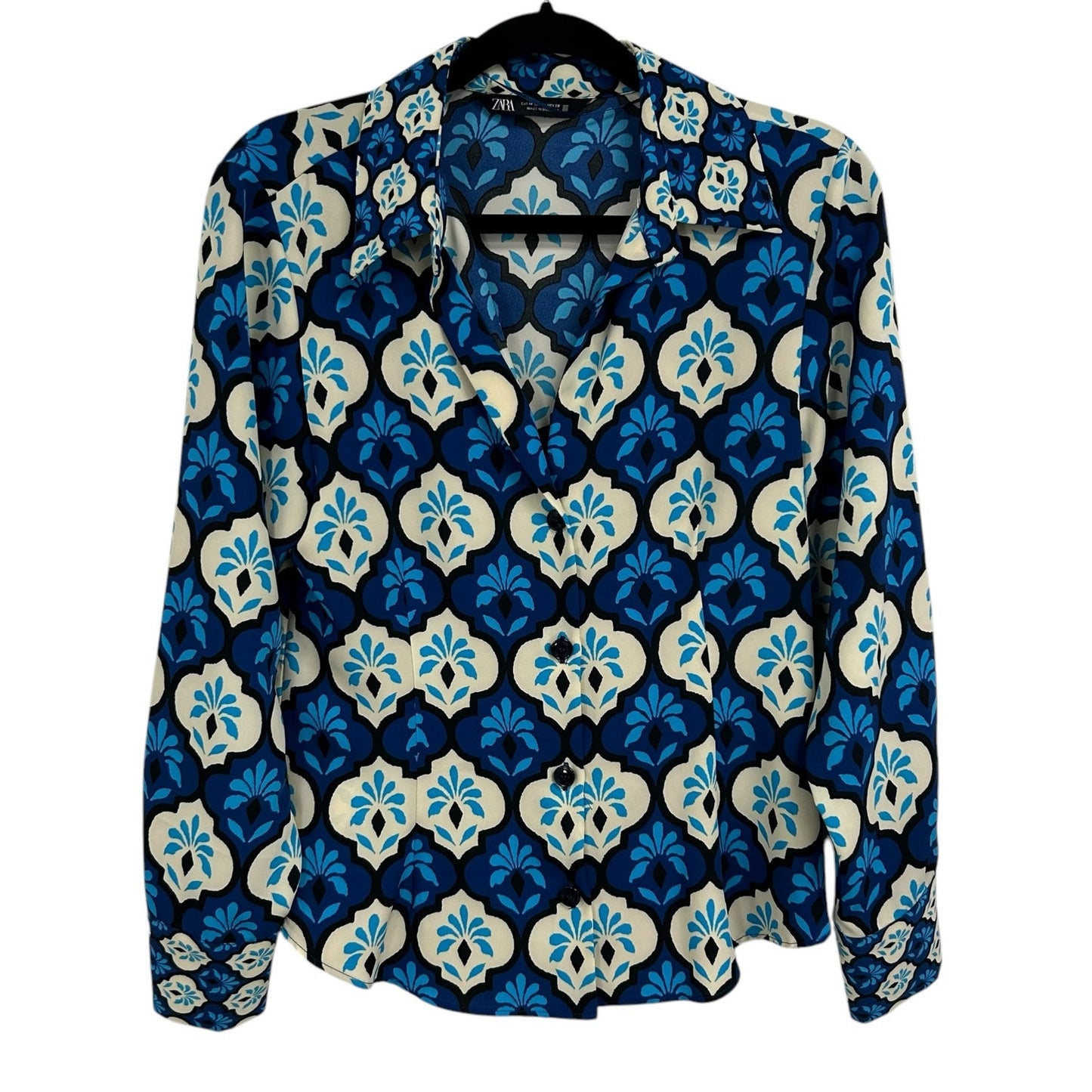 Zara Blue Cream Retro Print Long Sleeve Button Front Top Womens Medium