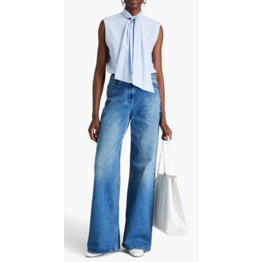 Another Tomorrow Azure Blue White Tie Neck Stripe Poplin Blouse Womens 36 / US 0