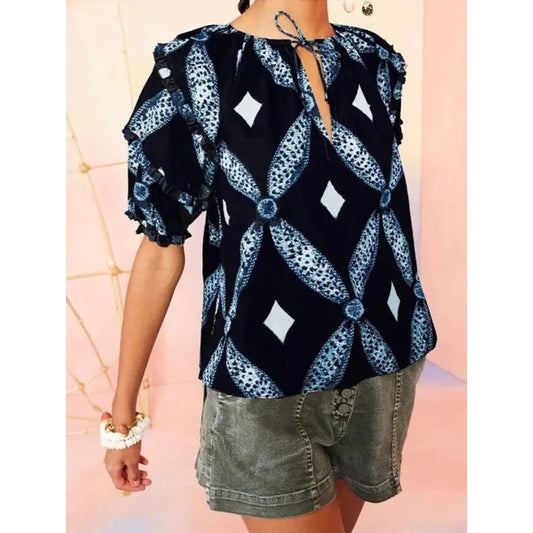Ulla Johnson Arusi Blouse Indigo Blue Short Sleeve Tie Neck Womens 8