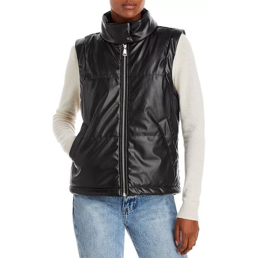 Aqua Black Faux Leather Full Zip Puffer Vest Womens Size Large