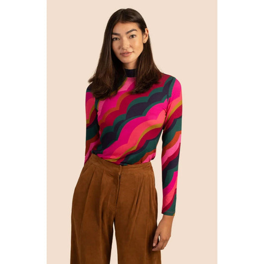 NWT Trina Turk Multi Scallop Print Long Sleeve Mock Neck Pierce Top Womens Small