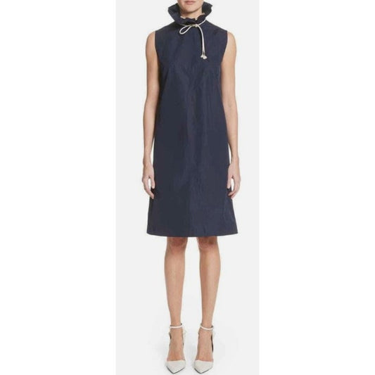 Calvin Klein 250W39NYC Made in Italy Drawstring Ruff Neck Poplin Dress Navy US 6