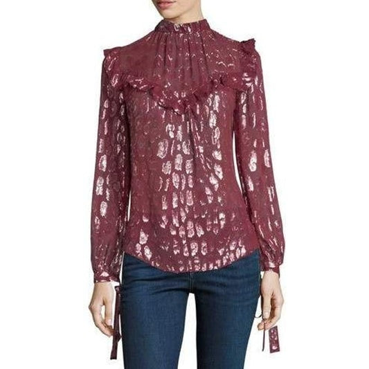 NWT Veronica Beard Red Silver Long Sleeve Mock Neck Brooks Blouse Womens 4