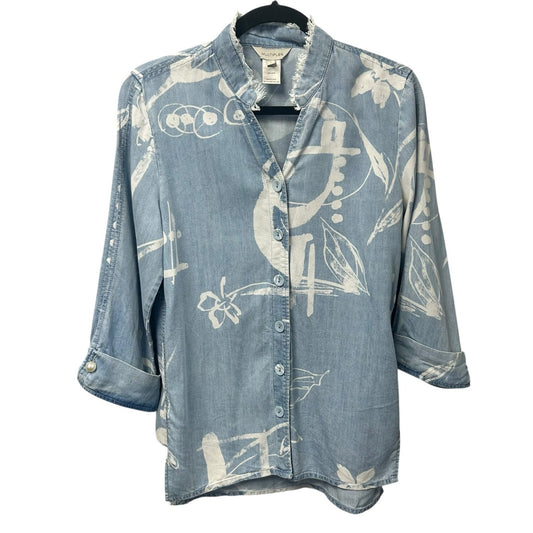 Multiples Chambray Blue White Abstract Print Lyocell Button Up Top Womens Small