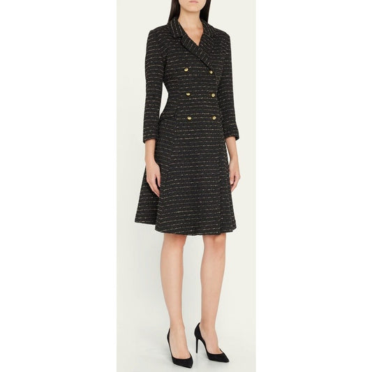 Rickie Freeman Teri Jon Black Gold Metallic Double Breasted Twill Coat Dress 14