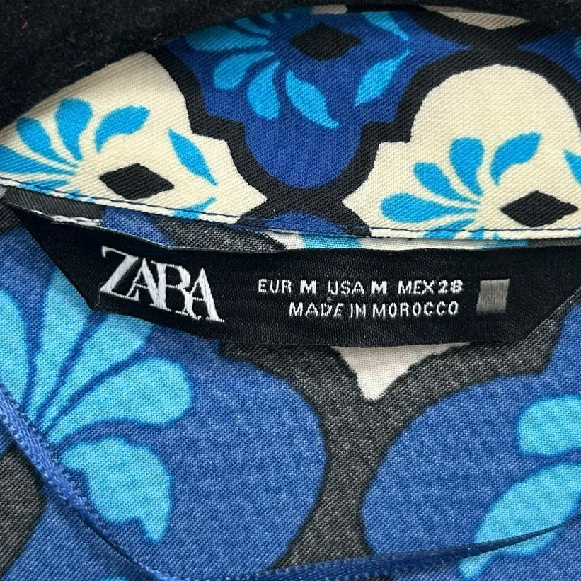 Zara Blue Cream Retro Print Long Sleeve Button Front Top Womens Medium