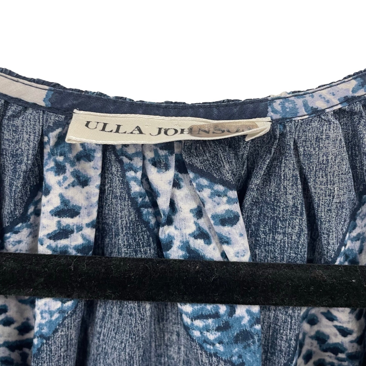 Ulla Johnson Arusi Blouse Indigo Blue Short Sleeve Tie Neck Womens 8
