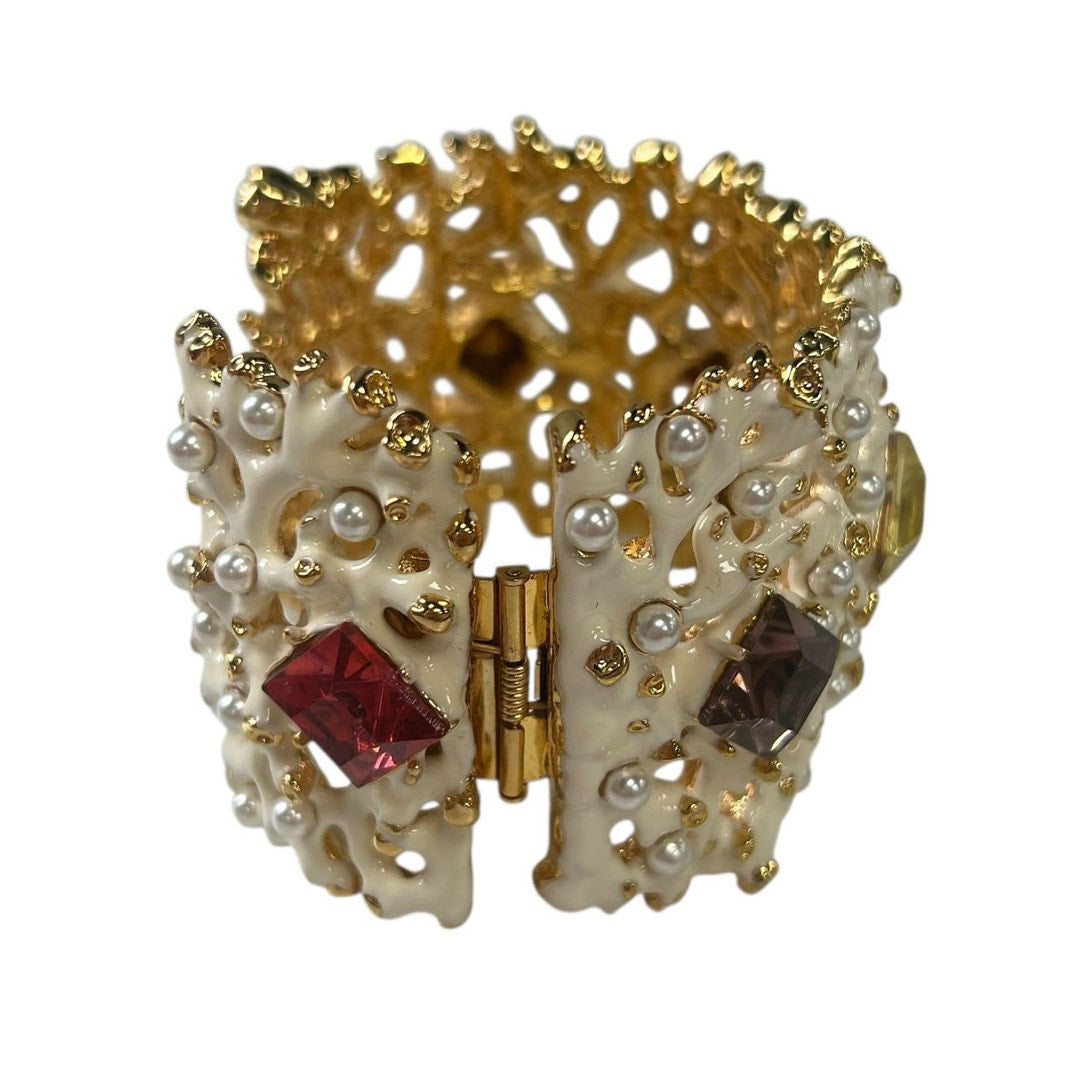 KJL by Kenneth Jay Lane Coral Enamel Pearl & Gem Embellished Cuff Bracelet
