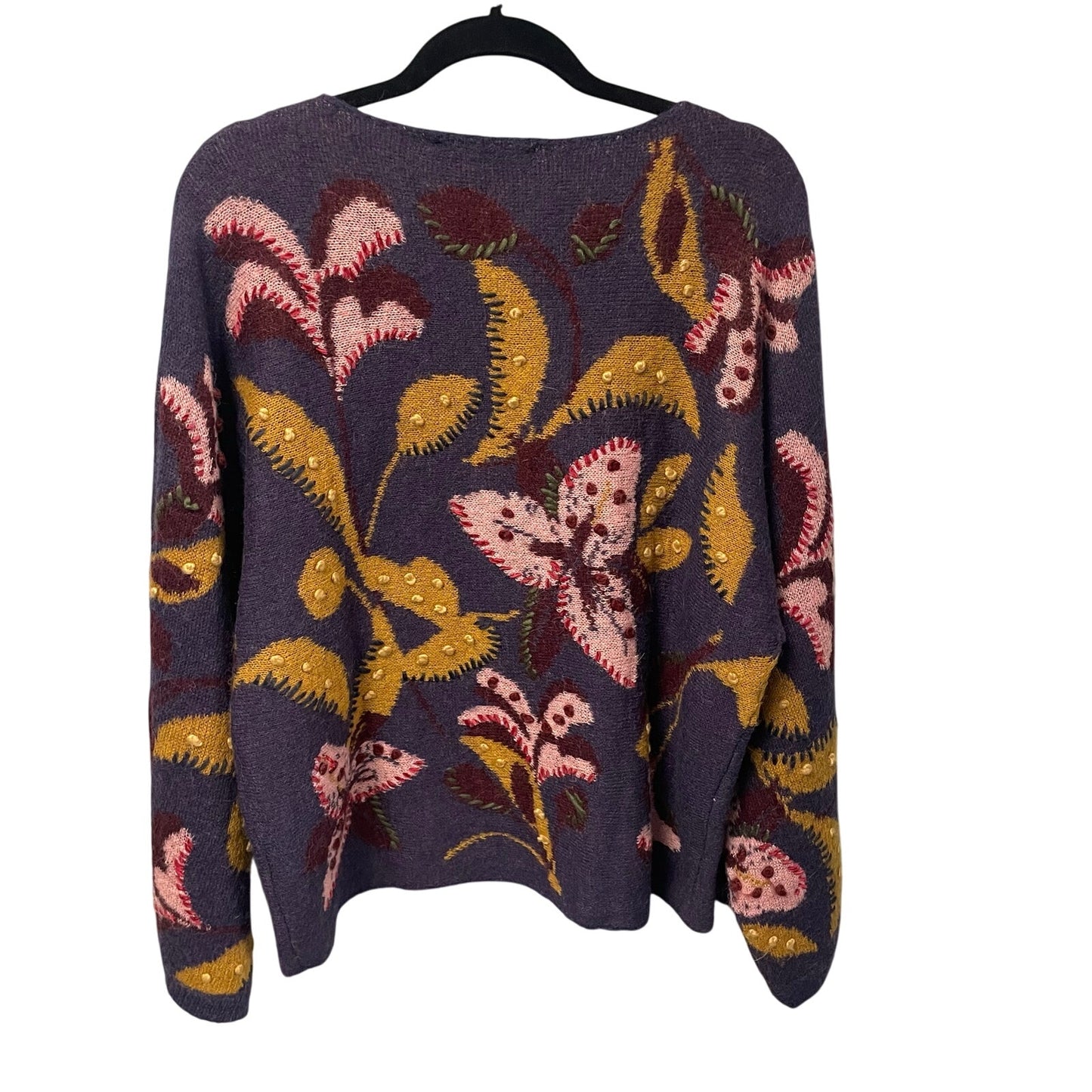 Zara Floral Embroidered Wool Blend Knit Flare Sleeve Jumper Sweater Womens Large