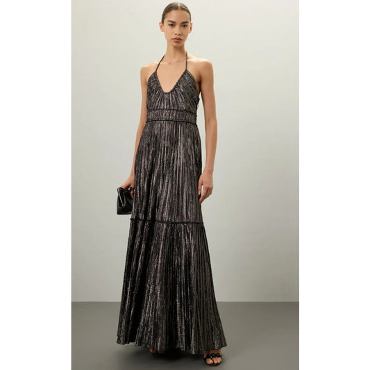 NWT ALC Metallic Sleeveless Halter Scoop Neck Pleated Cecila Maxi Dress Womens 4