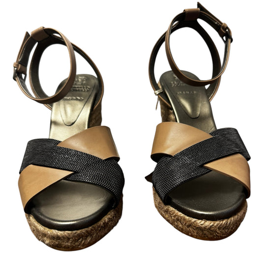 Brunello Cucinelli Tan Black Leather Espedrille Wedge Sandals Womens 9