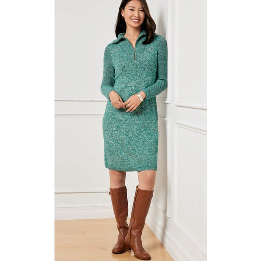 NWT Talbots Lagoon Green Blue Zip Collar Sweater Shift Dress Womens Large