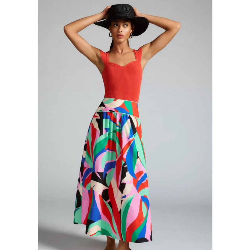 Farm Rio Colorful Monstera Side Zip Cotton Maxi Skirt Womens Medium