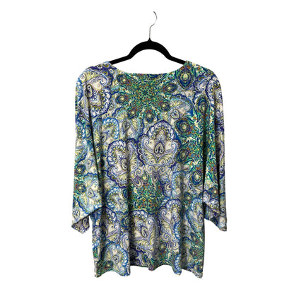 Chico's Blue Green Purple Paisley 3/4 Kimono Sleeve Round Neck Top Womens 20